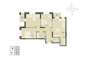 3-к квартира, строящийся дом, 77м2, 7/17 этаж